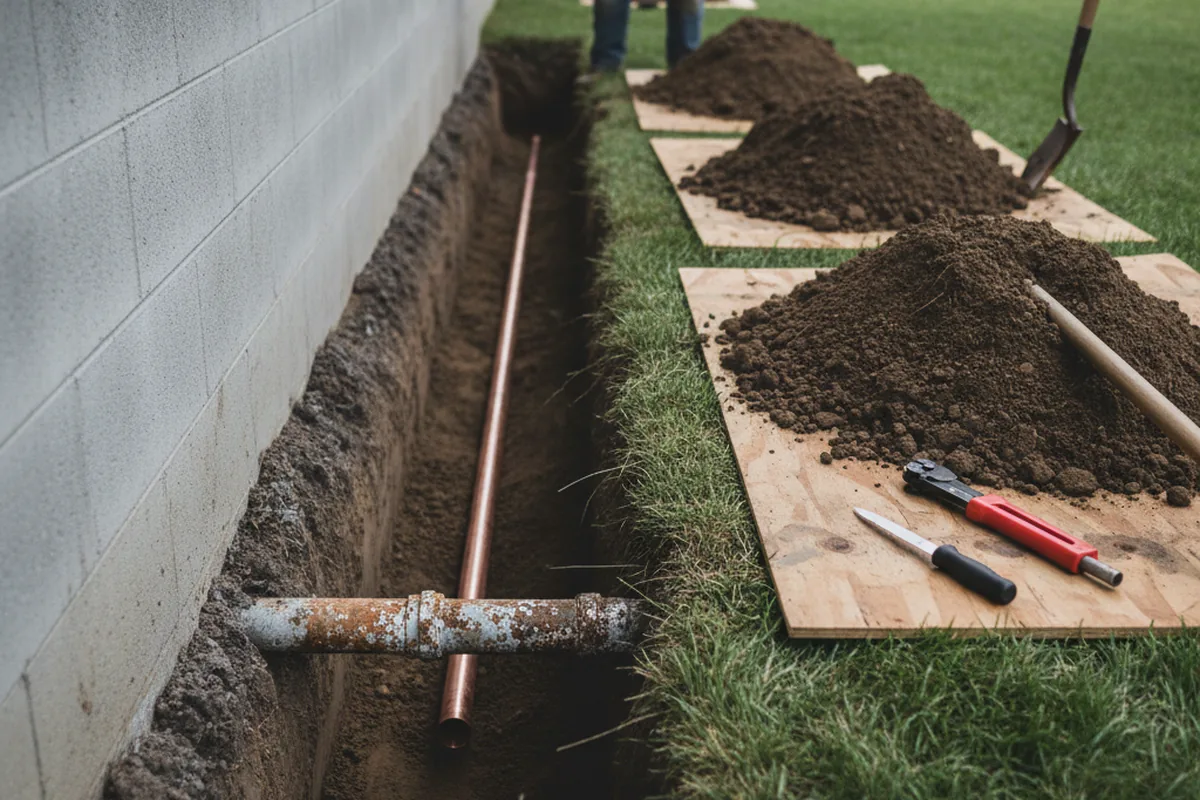 Excavated water line trench during Water Softener Installation in Sayre